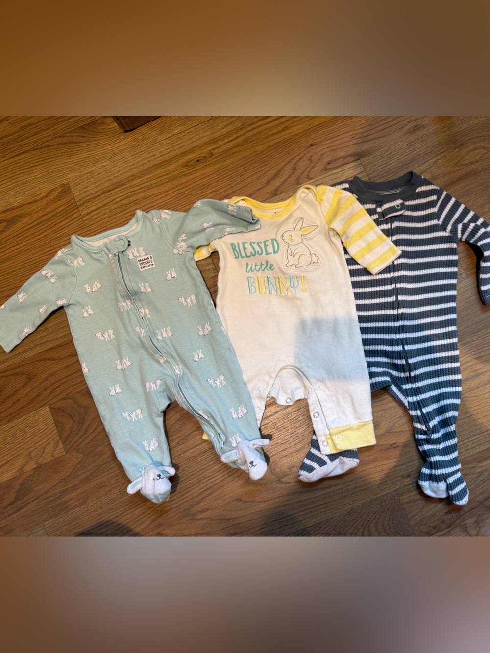 Carter's Mint Bunny, Yellow Bunny Graphic & Navy Stripes Footies